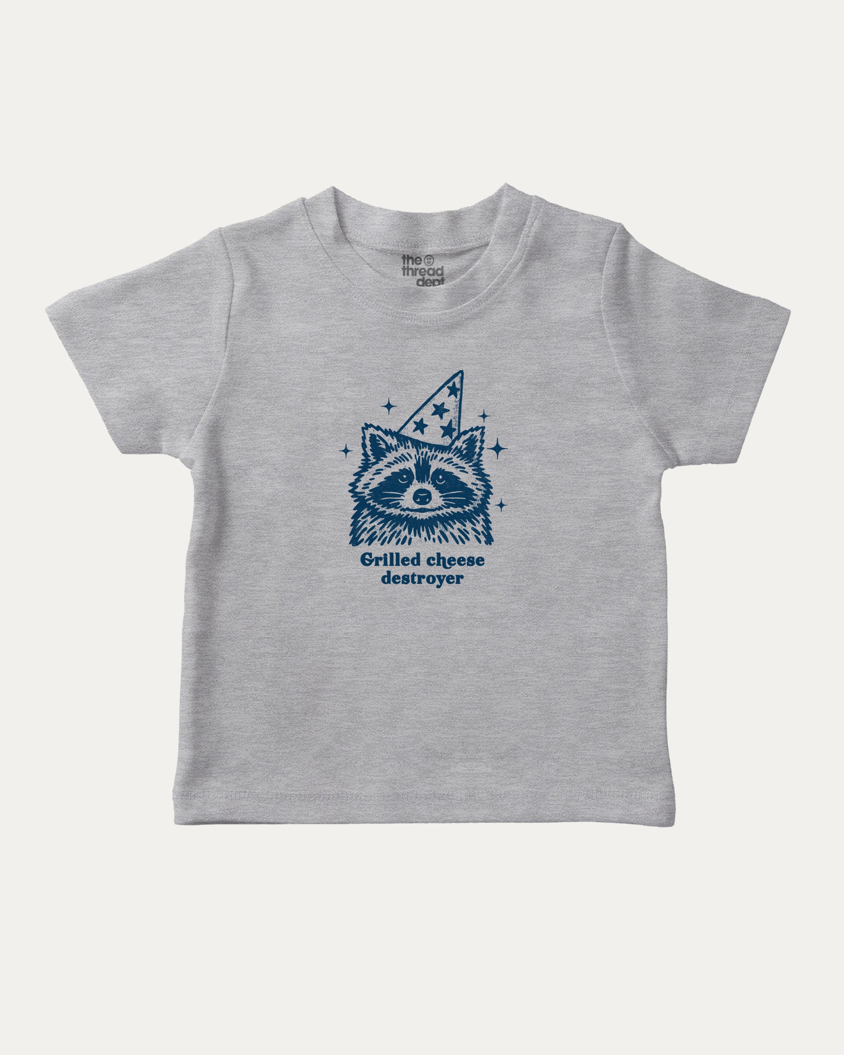 Grilled cheese destroyer graphic tee with raccoon graphic, funny and trendy graphic. Perfect for adults and gift-giving. Heather Grey shirt.