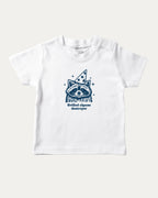 Grilled cheese destroyer graphic tee with raccoon graphic, funny and trendy graphic. Perfect for adults and gift-giving. White shirt.