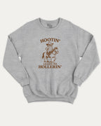 Hootin Leads to Hollerin Owl graphic sweatshirt with bold and humorous print, Funny meme Graphic T shirt, warm and cozy graphic for everyday wear. Perfect for adults and gift-giving. Heather Grey pullover.