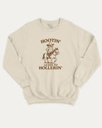 Hootin Leads to Hollerin Owl graphic sweatshirt with bold and humorous print, Funny meme Graphic T shirt, warm and cozy graphic for everyday wear. Perfect for adults and gift-giving. Natural pullover.