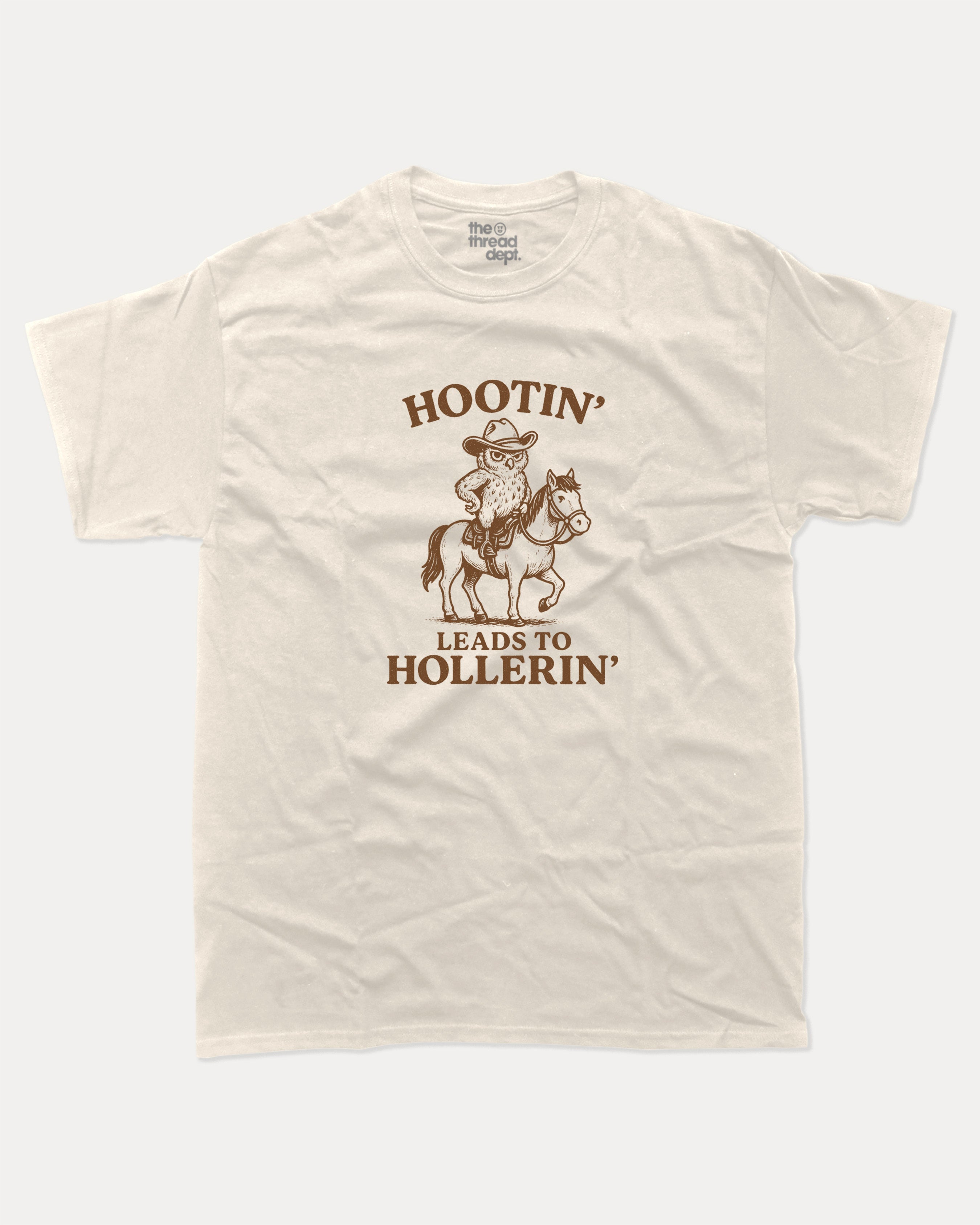 Hootin Leads to Hollerin Owl graphic tee with bold and humorous print, Funny meme Graphic T shirt, funny and trendy graphic. Perfect for adults and gift-giving. Cream shirt.