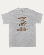 Hootin Leads to Hollerin Owl graphic tee with bold and humorous print, Funny meme Graphic T shirt, funny and trendy graphic. Perfect for adults and gift-giving. Heather Grey shirt.