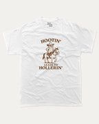 Hootin Leads to Hollerin Owl graphic tee with bold and humorous print, Funny meme Graphic T shirt, funny and trendy graphic. Perfect for adults and gift-giving. White shirt.