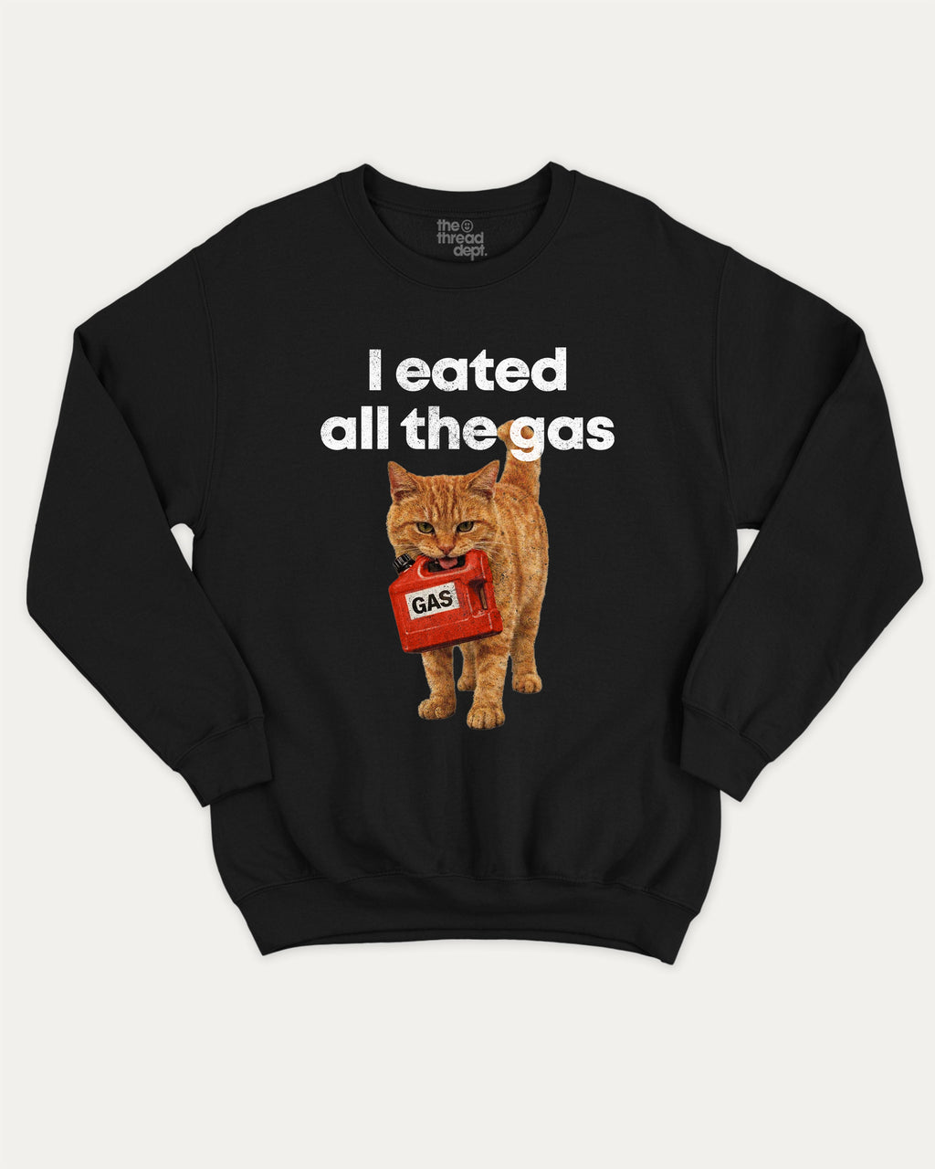 I eated all the gas graphic sweatshirt with bold and humorous print, Funny Cat meme Graphic T shirt, Perfect Gift for Cat Lovers, warm and cozy graphic for everyday wear. Perfect for adults and gift-giving. Black pullover.