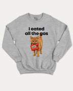 I eated all the gas graphic sweatshirt with bold and humorous print, Funny Cat meme Graphic T shirt, Perfect Gift for Cat Lovers, warm and cozy graphic for everyday wear. Perfect for adults and gift-giving. Heather Grey pullover.