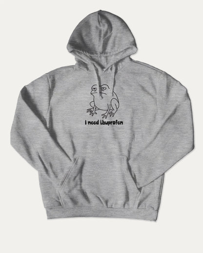 I need ibuprofen bold graphic hoodie, Funny Frog Graphic T shirt, Funny Animal T shirt, Pun T shirt, Humorous Animal T shirt,  A must-have graphic hoodie, cozy and cool, trending streetwear essential. Heather Grey hoodie