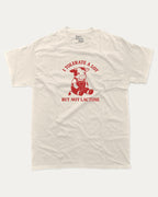 I Tolerate A Lot But Not Lactose graphic tee with cute cow print, funny and trendy graphic. Perfect for adults and gift-giving. Cream shirt.