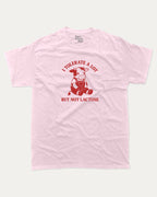 I Tolerate A Lot But Not Lactose graphic tee with cute cow print, funny and trendy graphic. Perfect for adults and gift-giving. Pink shirt.