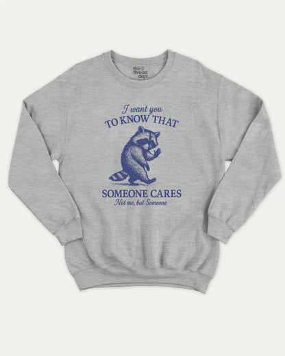 I Want You To Know That Someone Cares Not Me But Someone pullover sweatshirt, perfect for adults. A must-have graphic pullover, comfy cold-weather wear, bold casual look. Heather Grey sweater
