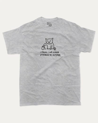 I will Cause Problems graphic t-shirt, perfect for adults. Cute Animal Tees, Funny Animal Graphic Tee, Humorous Words Tee, trending meme shirt, unique gift idea. Heather Grey.