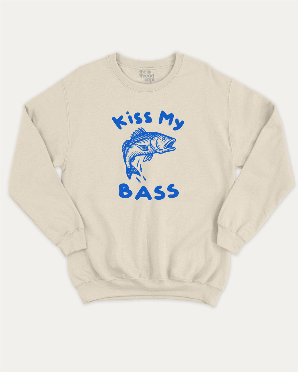 Kiss My Bass graphic sweatshirt with bold and humorous print, warm and cozy graphic for everyday wear. Perfect for adults and gift-giving. Natural pullover.