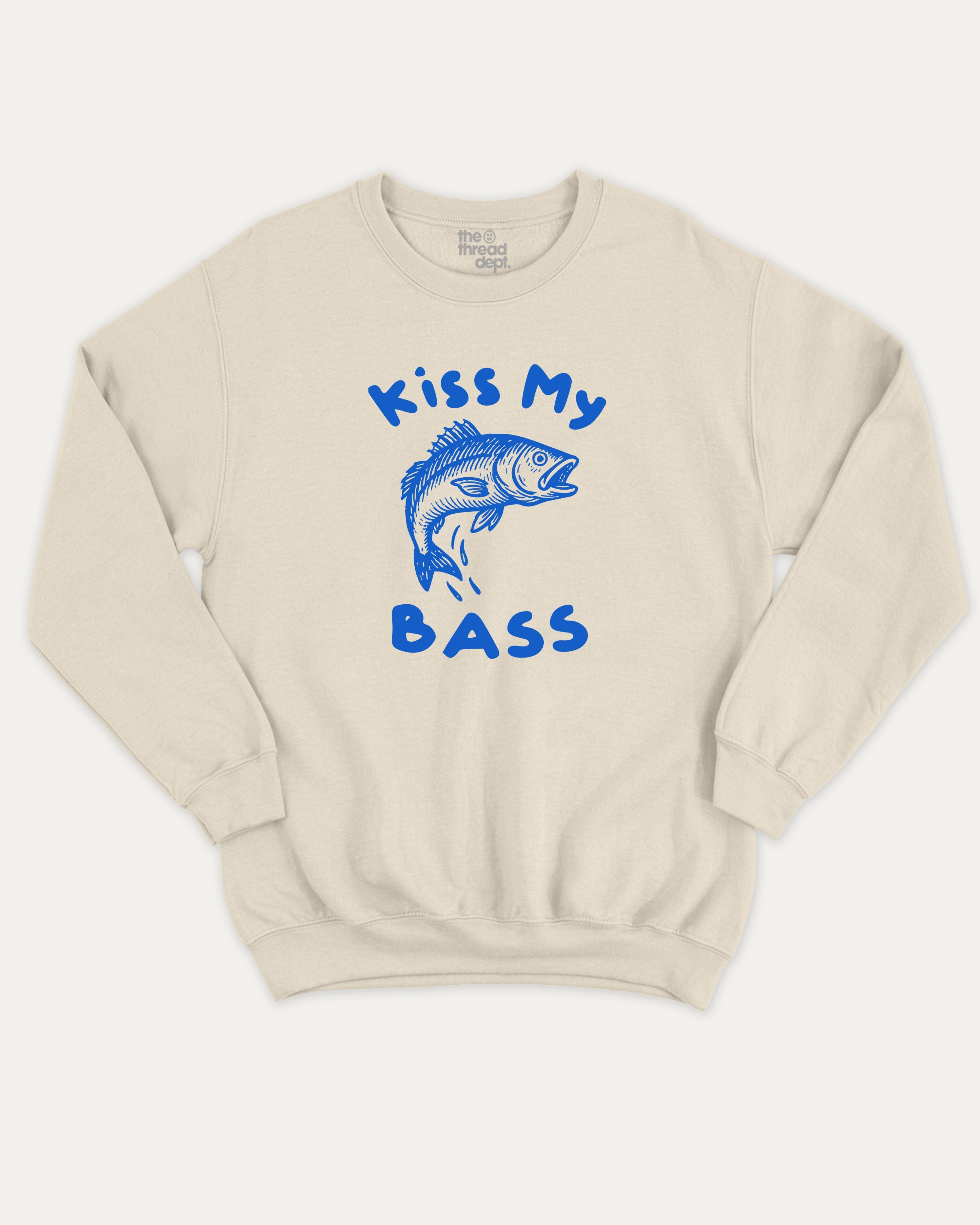 Kiss My Bass graphic sweatshirt with bold and humorous print, warm and cozy graphic for everyday wear. Perfect for adults and gift-giving. Natural pullover.