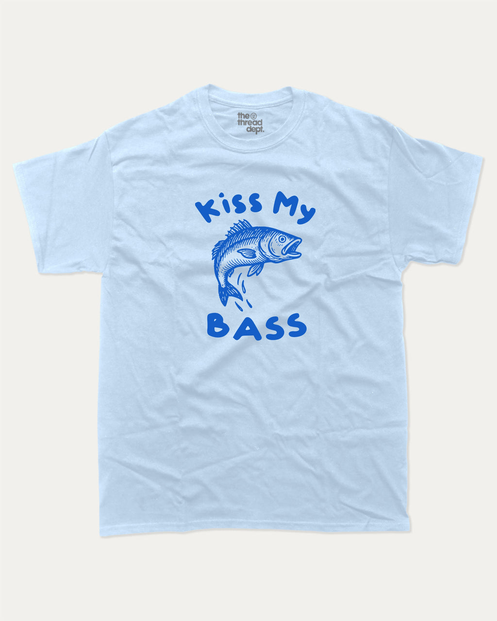 Kiss My Bass graphic tee with bold and humorous print, funny and trendy  graphic. Perfect gift for fish lover, Fishing Graphic T shirt, Funny Fish tee,  Perfect for adults and gift-giving. Powder Blue shirt.