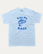 Kiss My Bass graphic tee with bold and humorous print, funny and trendy  graphic. Perfect gift for fish lover, Fishing Graphic T shirt, Funny Fish tee,  Perfect for adults and gift-giving. Powder Blue shirt.