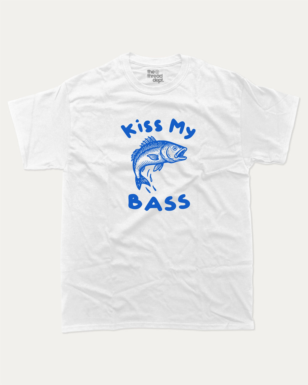Kiss My Bass graphic tee with bold and humorous print, funny and trendy  graphic. Perfect gift for fish lover, Fishing Graphic T shirt, Funny Fish tee,  Perfect for adults and gift-giving. White shirt.