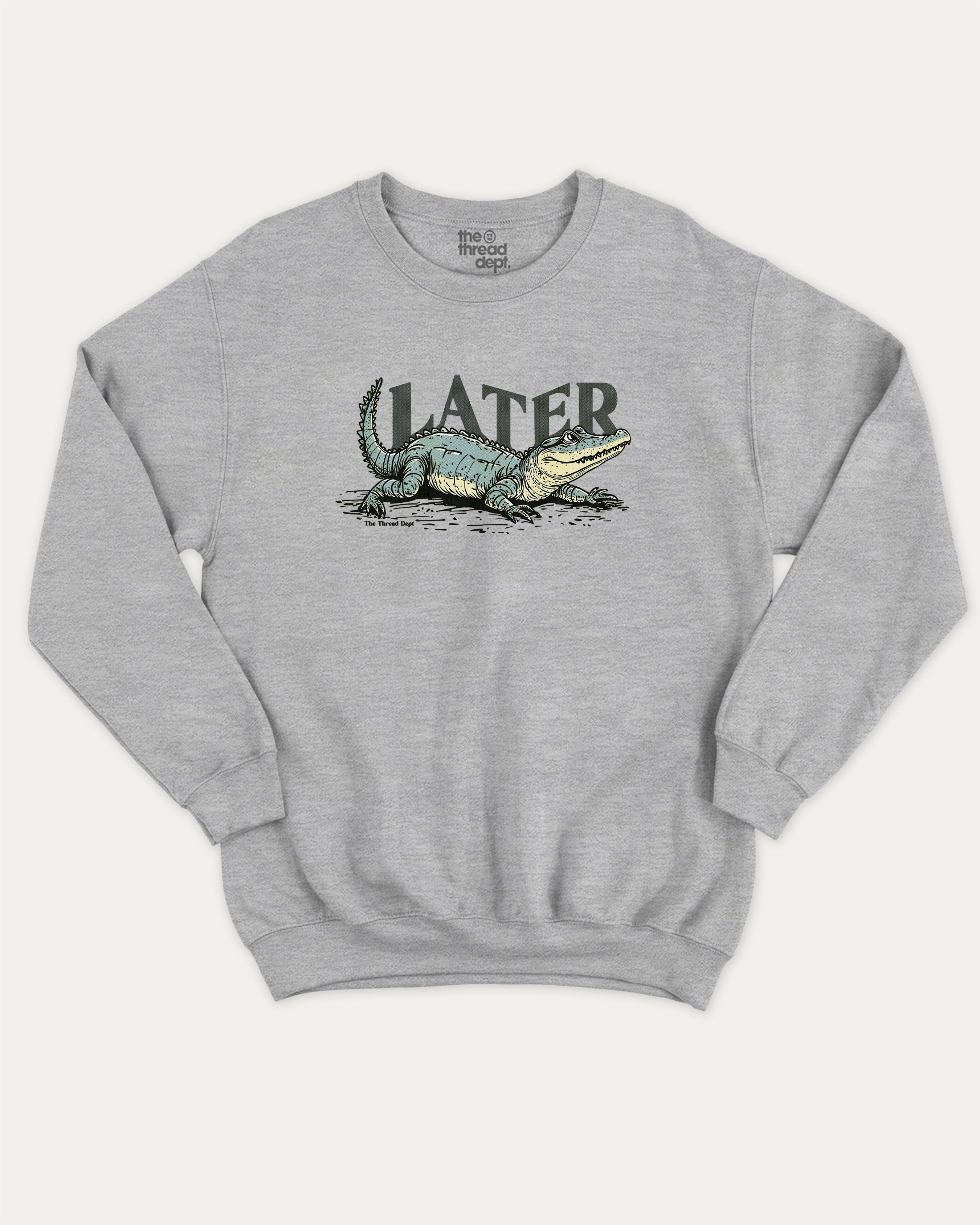 Later Gator graphic pullover with vintage alligator graphic, funny and vintage graphic for everyday wear. Perfect funny gifts for friends. Heather Grey pullover.