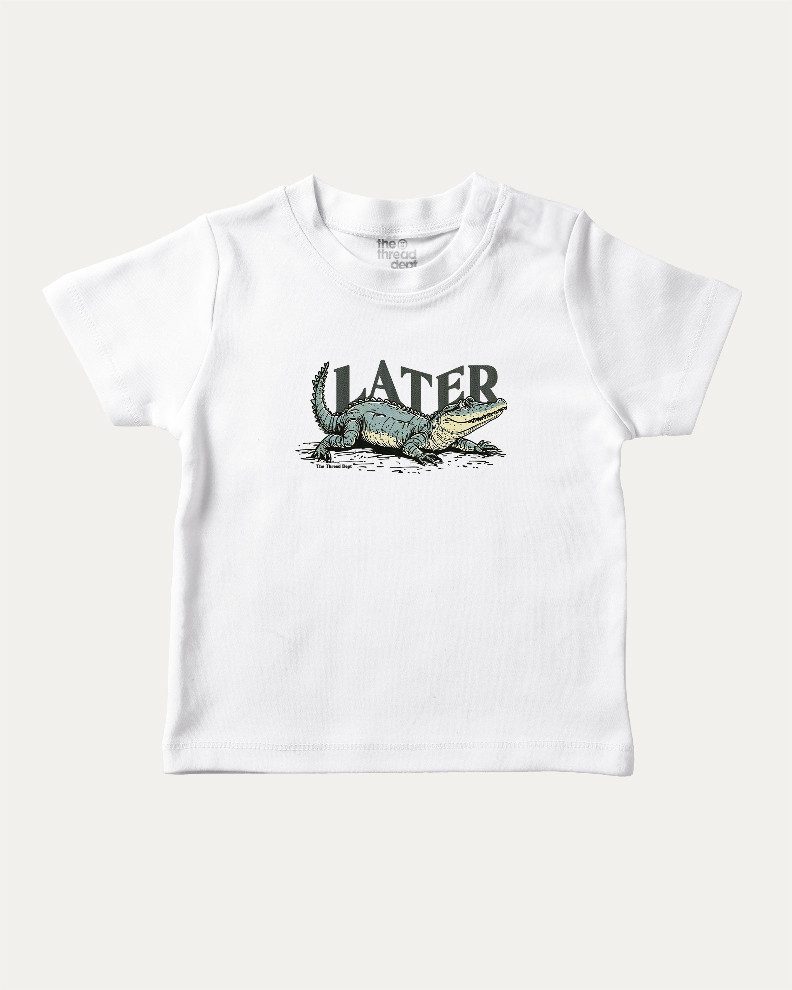 Later Gator graphic t-shirt with vintage alligator graphic, funny and trendy graphic. Perfect funny gifts for friends. White shirt.