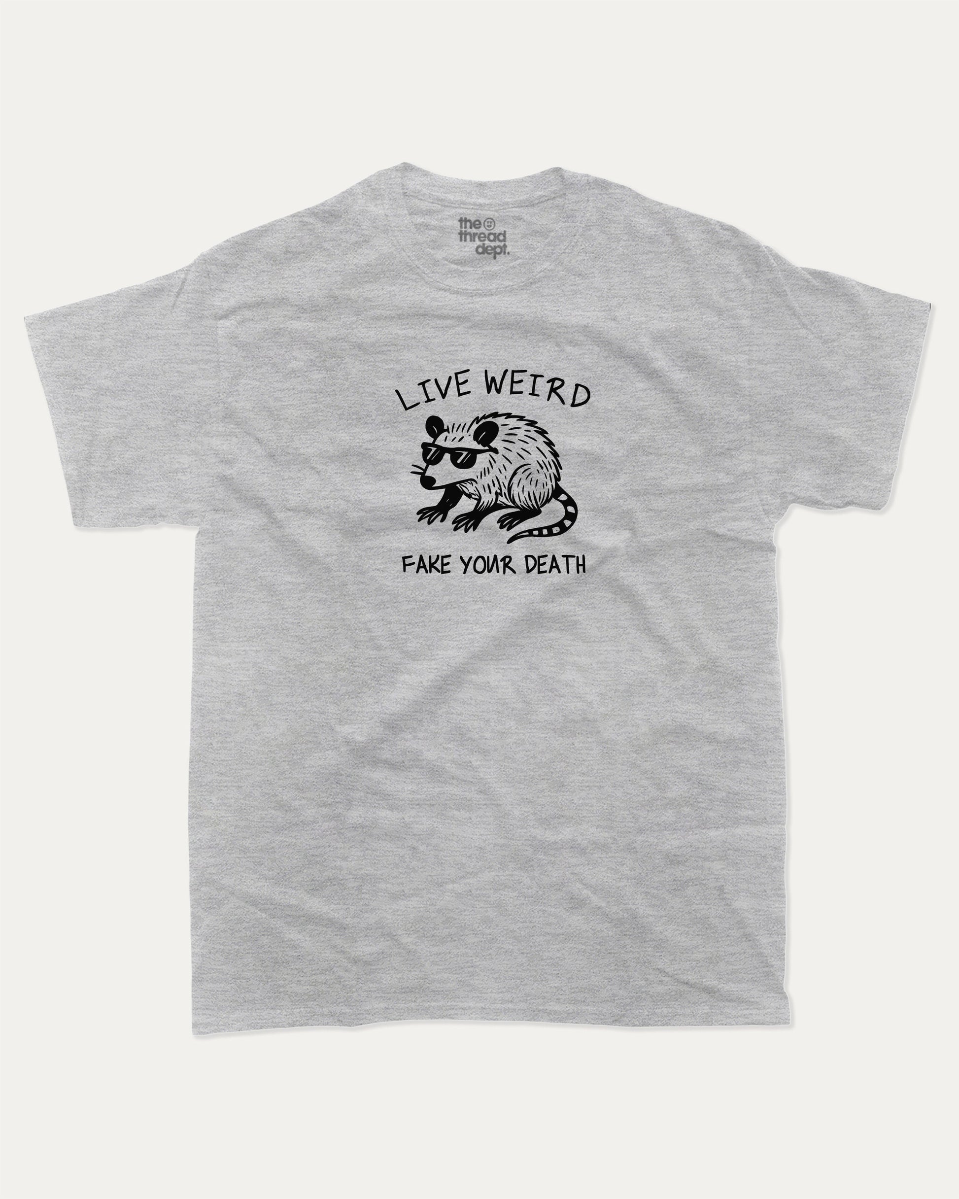 Live Weird graphic t-shirt, perfect for adults. Funny Animal Tee, Humorous Graphic T Shirt. Funny Graphic T Shirt, trending meme shirt, unique gift idea. Heather Grey.