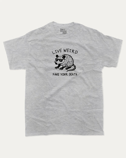 Live Weird graphic t-shirt, perfect for adults. Funny Animal Tee, Humorous Graphic T Shirt. Funny Graphic T Shirt, trending meme shirt, unique gift idea. Heather Grey.