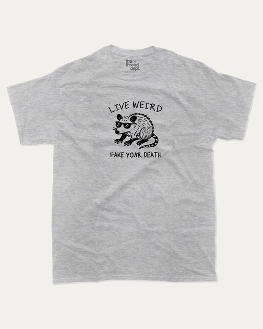 Live Weird graphic t-shirt, perfect for adults. Funny Animal Tee, Humorous Graphic T Shirt. Funny Graphic T Shirt, trending meme shirt, unique gift idea. Heather Grey.