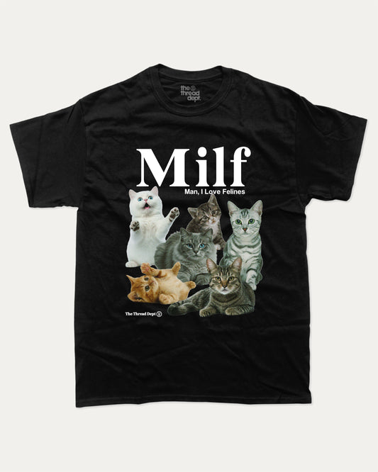 Man I Love Felines graphic tee with bold and humorous print, funny and trendy graphic. Funny Cat Graphic T shirt, Gift for Cat Lover, Cat Graphic T shirt, Cute Cat tee, Perfect for adults and gift-giving. Black shirt.