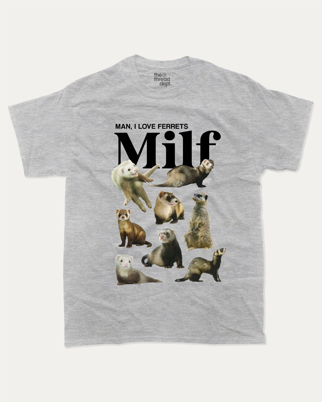 Man I Love Ferrets graphic tee with bold and humorous print, Perfect Gift for Ferret Lovers, funny and trendy graphic. Perfect for adults and gift-giving. Heather Grey shirt.