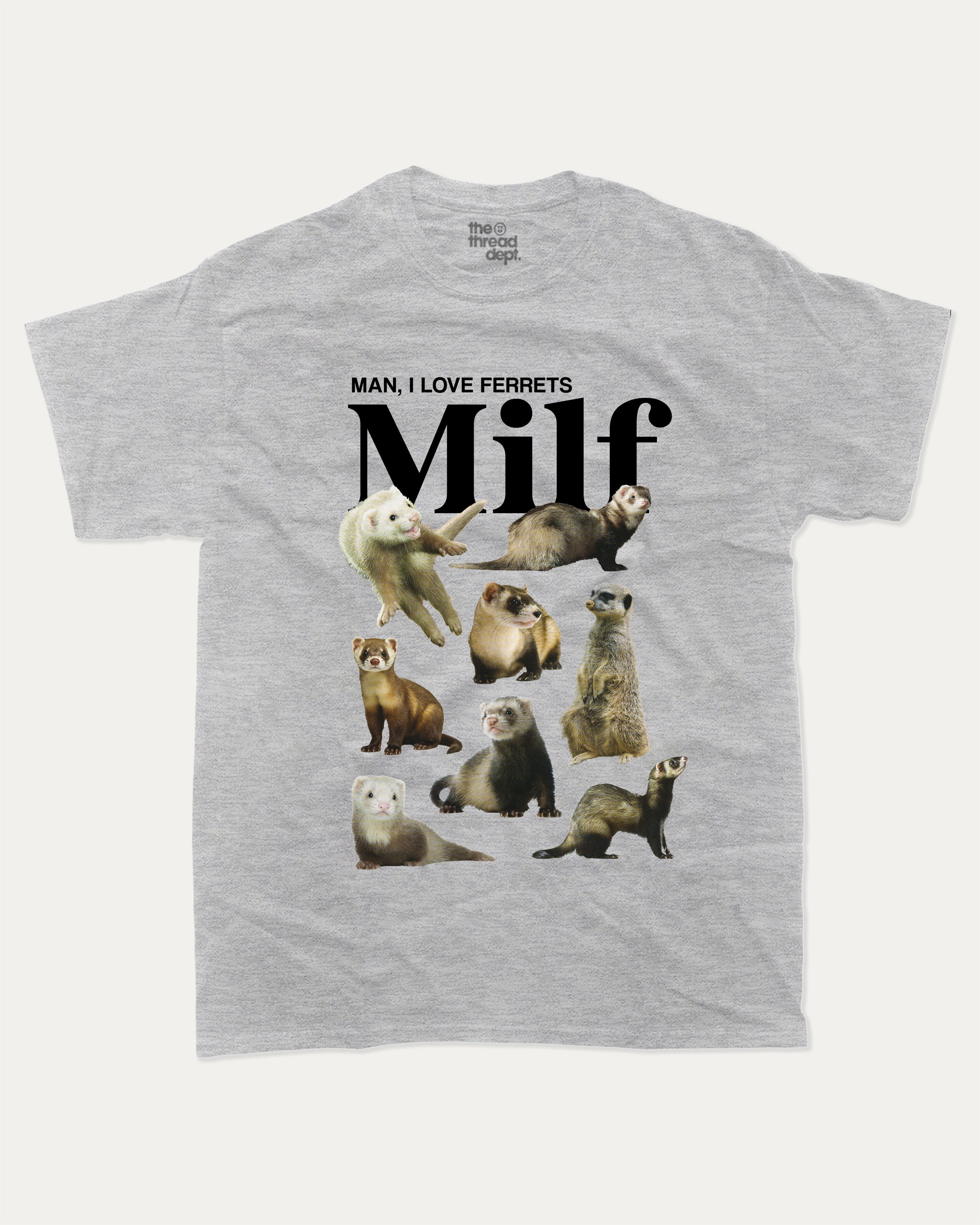 Man I Love Ferrets graphic tee with bold and humorous print, Perfect Gift for Ferret Lovers, funny and trendy graphic. Perfect for adults and gift-giving. Heather Grey shirt.