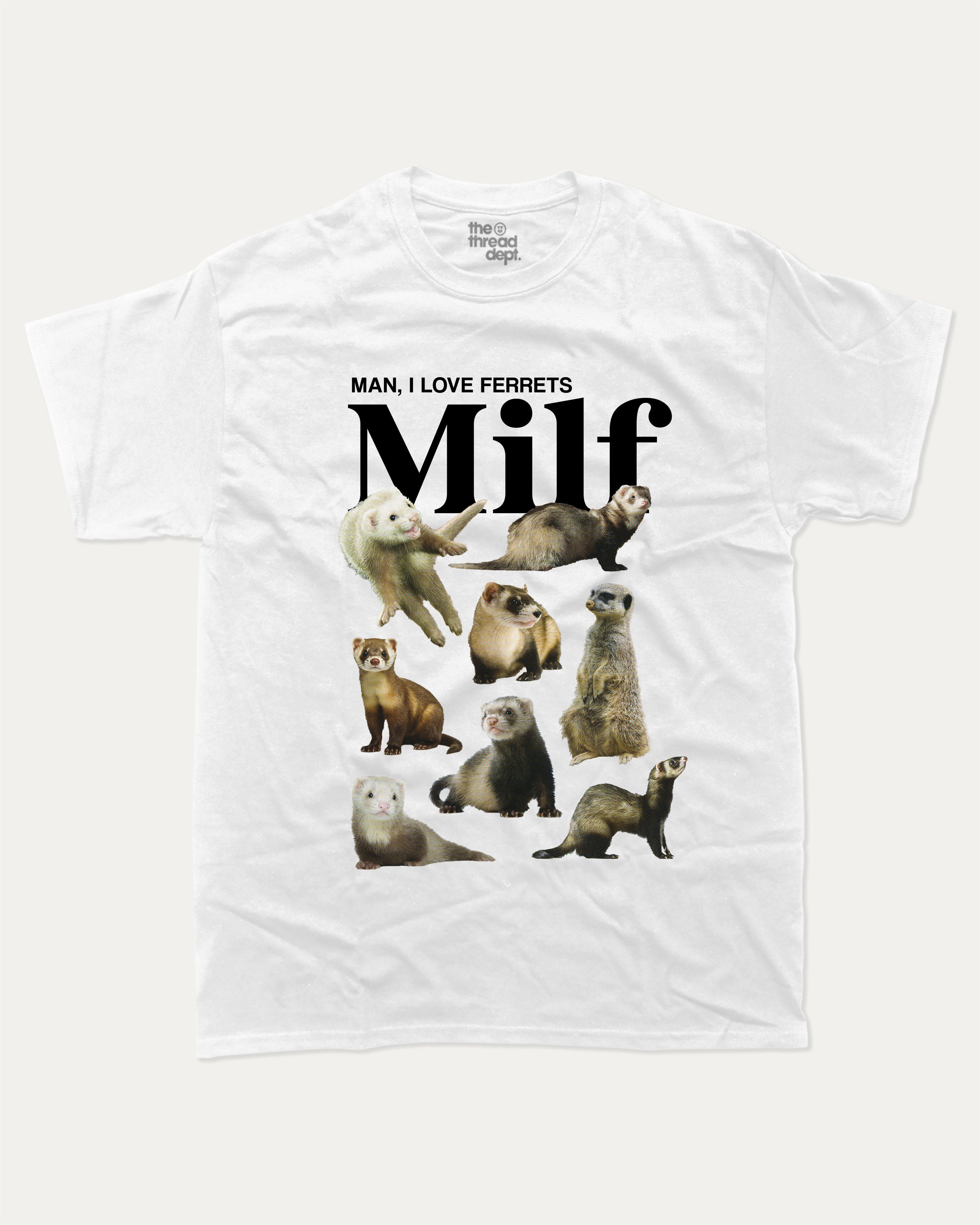Man I Love Ferrets graphic tee with bold and humorous print, Perfect Gift for Ferret Lovers, funny and trendy graphic. Perfect for adults and gift-giving. White shirt.