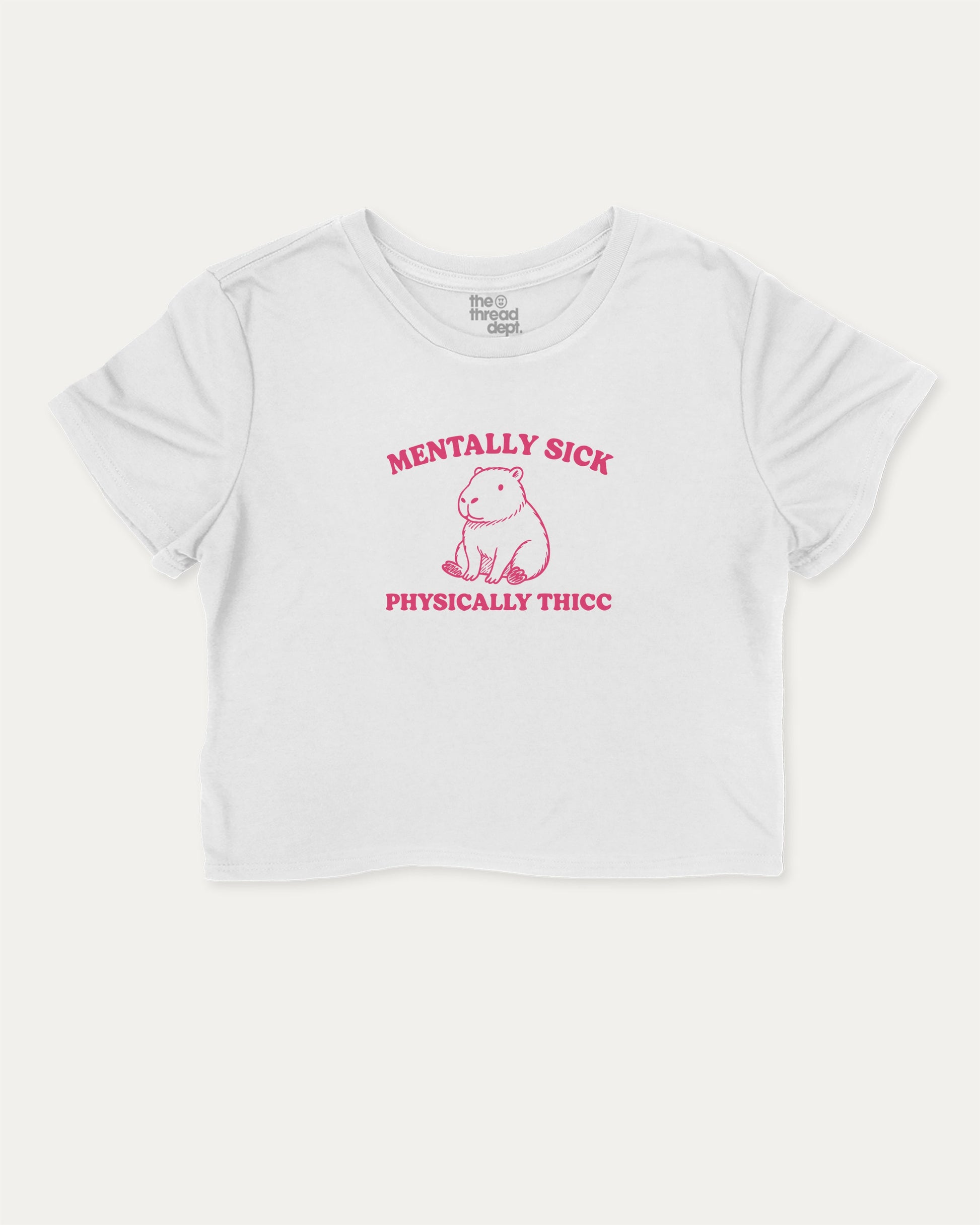 Mentally Sick Physically Thicc Capybara cute and trendy crop tee with Capybara graphic, perfect for women. A must-have cropped aesthetic shirt, ideal for daily outfits and casual days. White crop tee