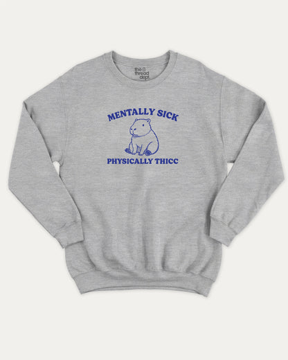 Mentally Sick Physically Thicc Capybara pullover sweatshirt, perfect for adults. A must-have Capybara graphic pullover, comfy cold-weather wear, bold casual look. Heather Grey sweater