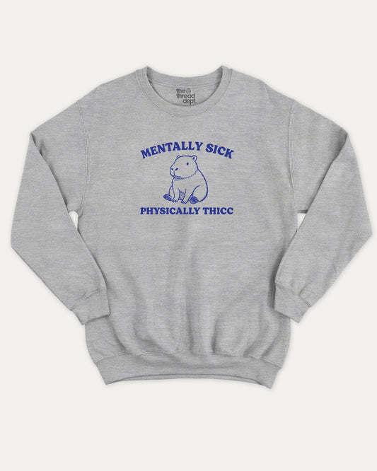 Mentally Sick Physically Thicc Capybara pullover sweatshirt, perfect for adults. A must-have Capybara graphic pullover, comfy cold-weather wear, bold casual look. Heather Grey sweater