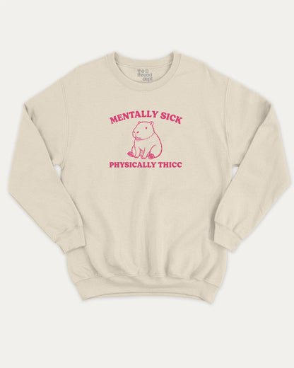 Mentally Sick Physically Thicc Capybara pullover sweatshirt, perfect for adults. A must-have Capybara graphic pullover, comfy cold-weather wear, bold casual look. Natural sweater