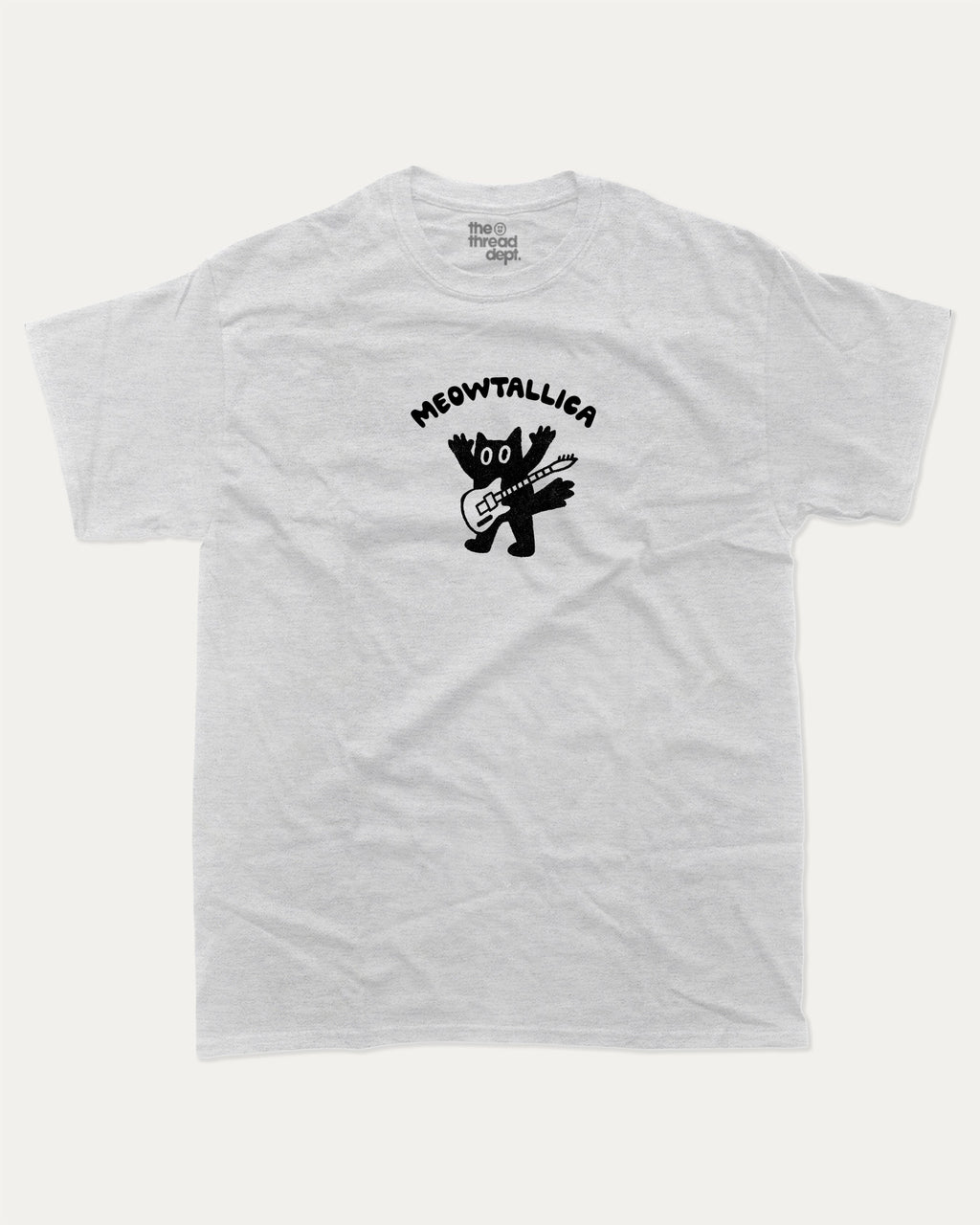 Meowtallica graphic tee with bold and humorous print, funny and trendy graphic. Funny Cat Graphic T shirt, Metallica Graphic T shirt, Perfect gift for rock fans,  Perfect for adults and gift-giving. Ash Grey shirt.