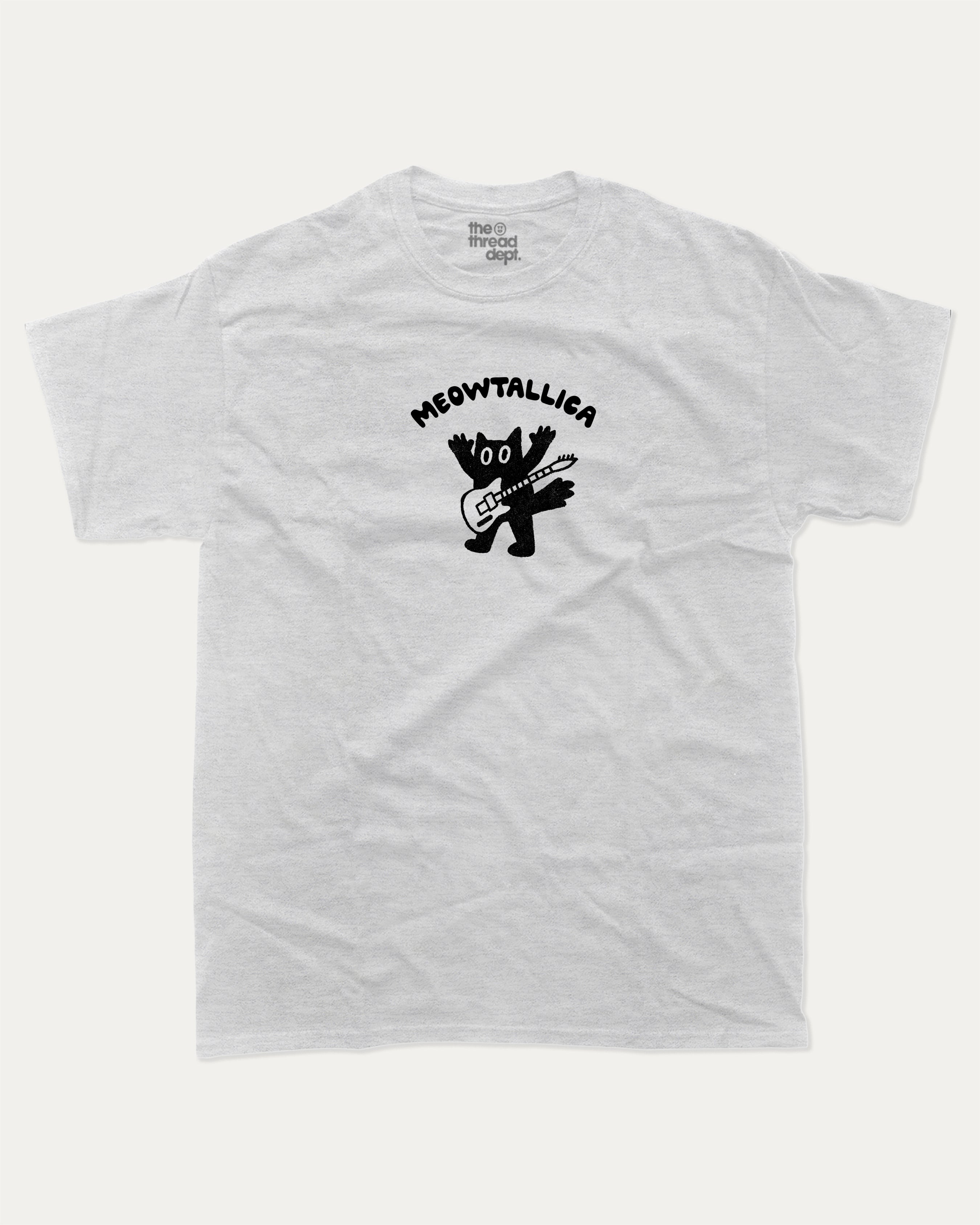 Meowtallica graphic tee with bold and humorous print, funny and trendy graphic. Funny Cat Graphic T shirt, Metallica Graphic T shirt, Perfect gift for rock fans,  Perfect for adults and gift-giving. Ash Grey shirt.