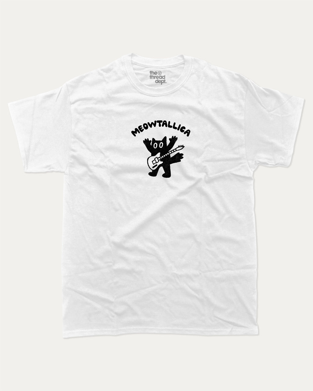Meowtallica graphic tee with bold and humorous print, funny and trendy graphic. Funny Cat Graphic T shirt, Metallica Graphic T shirt, Perfect gift for rock fans,  Perfect for adults and gift-giving. White shirt.
