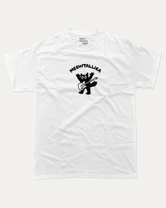 Meowtallica graphic tee with bold and humorous print, funny and trendy graphic. Funny Cat Graphic T shirt, Metallica Graphic T shirt, Perfect gift for rock fans,  Perfect for adults and gift-giving. White shirt.