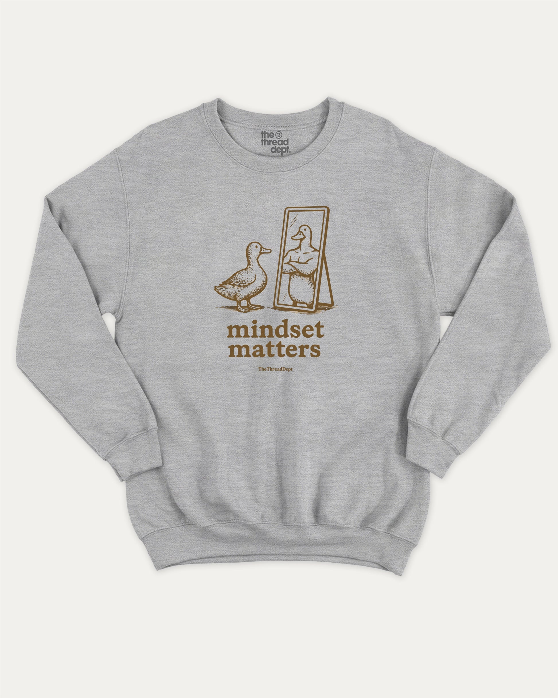 Mindset Matters pullover sweatshirt, perfect for gifts. Funny duck graphic pullover, comfy cold-weather wear, bold casual look. Heather Grey sweater