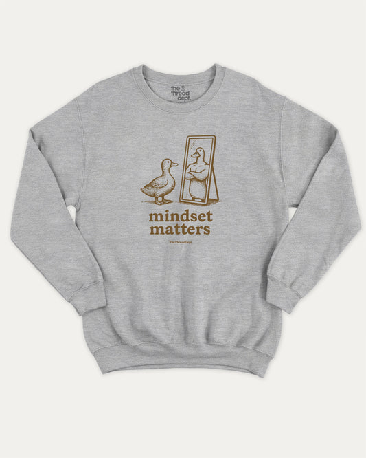 Mindset Matters pullover sweatshirt, perfect for gifts. Funny duck graphic pullover, comfy cold-weather wear, bold casual look. Heather Grey sweater