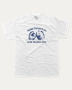 More trash can Less trash can't graphic tee with funny raccoon and possum print, funny and trendy graphic. Perfect for adults and gift-giving. White shirt.
