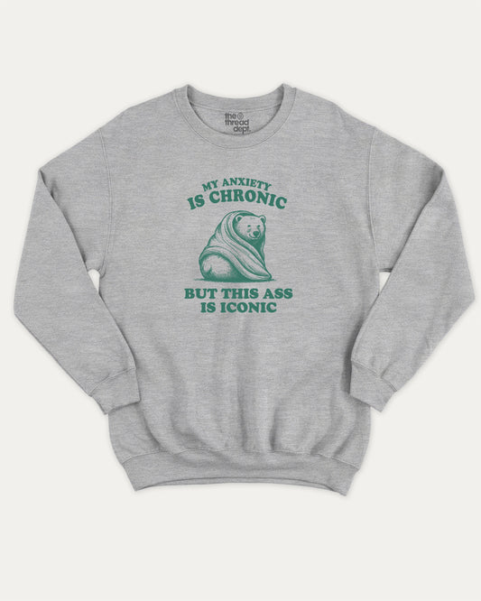 My Anxiety is Chronic but This Ass is Iconic pullover sweatshirt, funny bear graphic. Raspberry graphic pullover, comfy cold-weather wear, bold casual look. Heather Grey sweater
