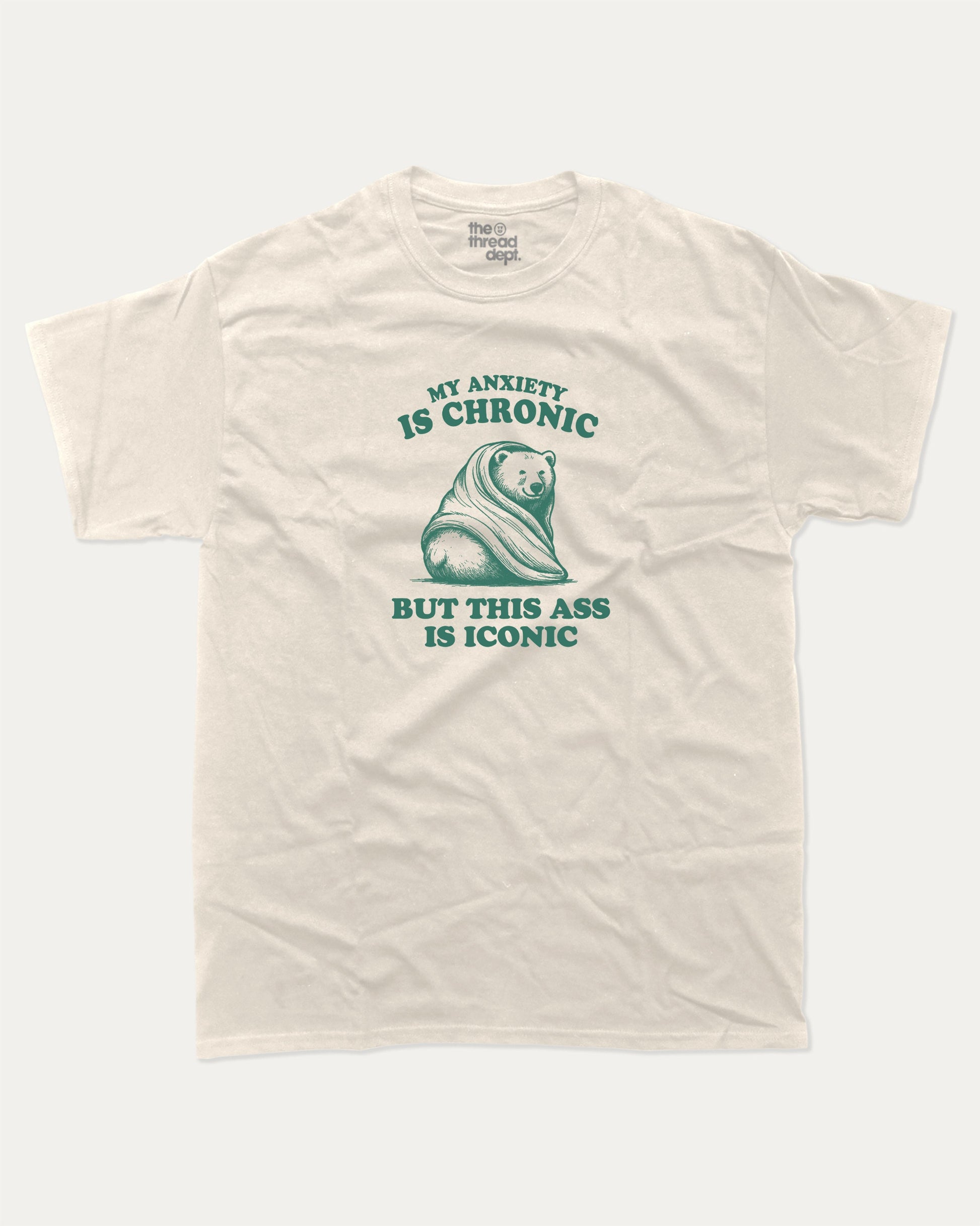 My Anxiety is Chronic but This Ass is Iconic graphic t-shirt, funny bear graphic. Raspberry funny tee, trending meme shirt, unique gift idea. Cream.