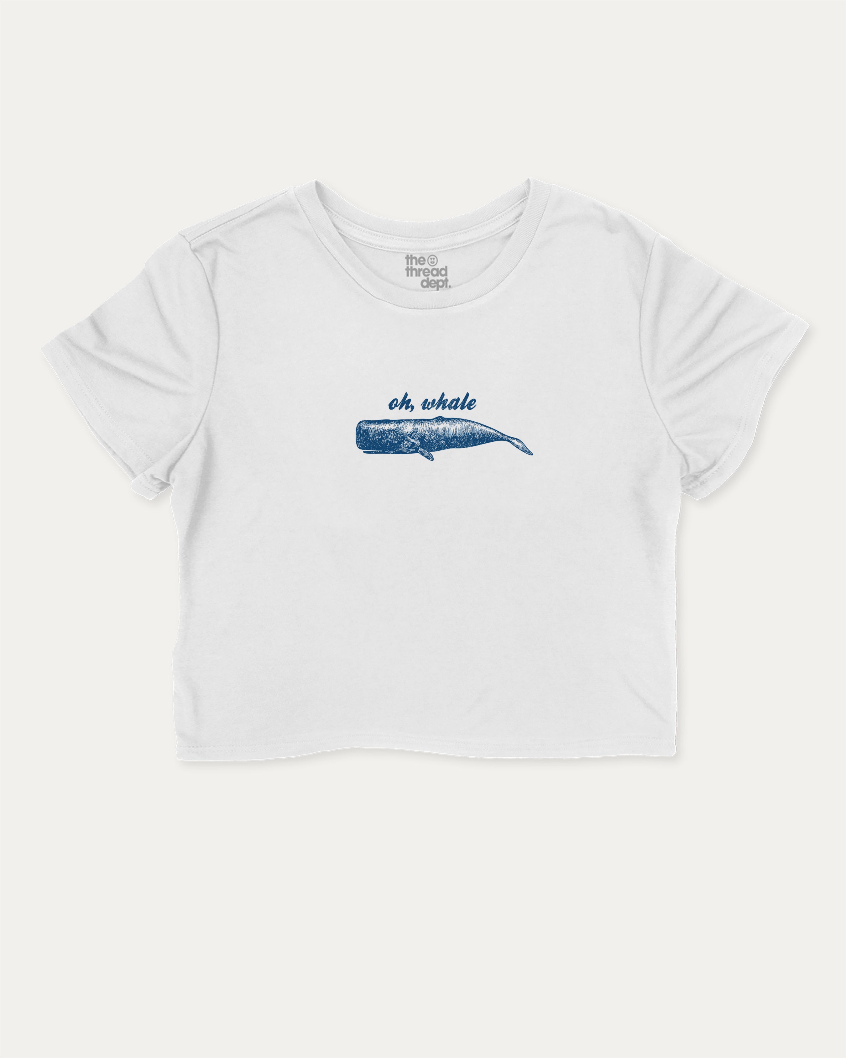 Oh Whale graphic crop tee with funny and trendy slogan print, perfect for women’s casual looks or layering. White crop t-shirt.