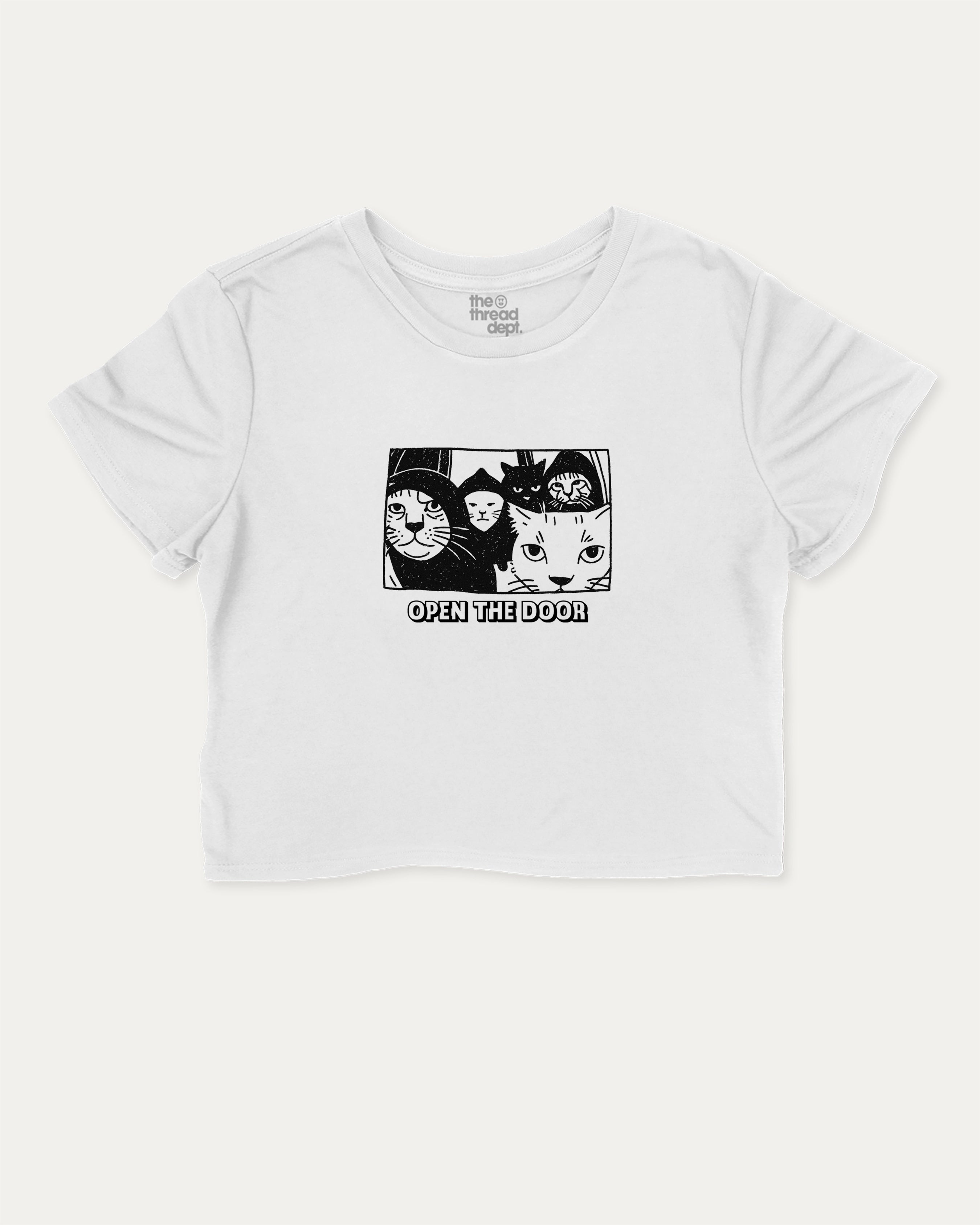 Open The Door Cat Gang graphic crop tee with funny and trendy slogan print, Perfect Gift for Cat Lovers, Animal Graphic T shirt, Cat Graphic T shirt, perfect for women’s casual looks or layering. White crop t-shirt.