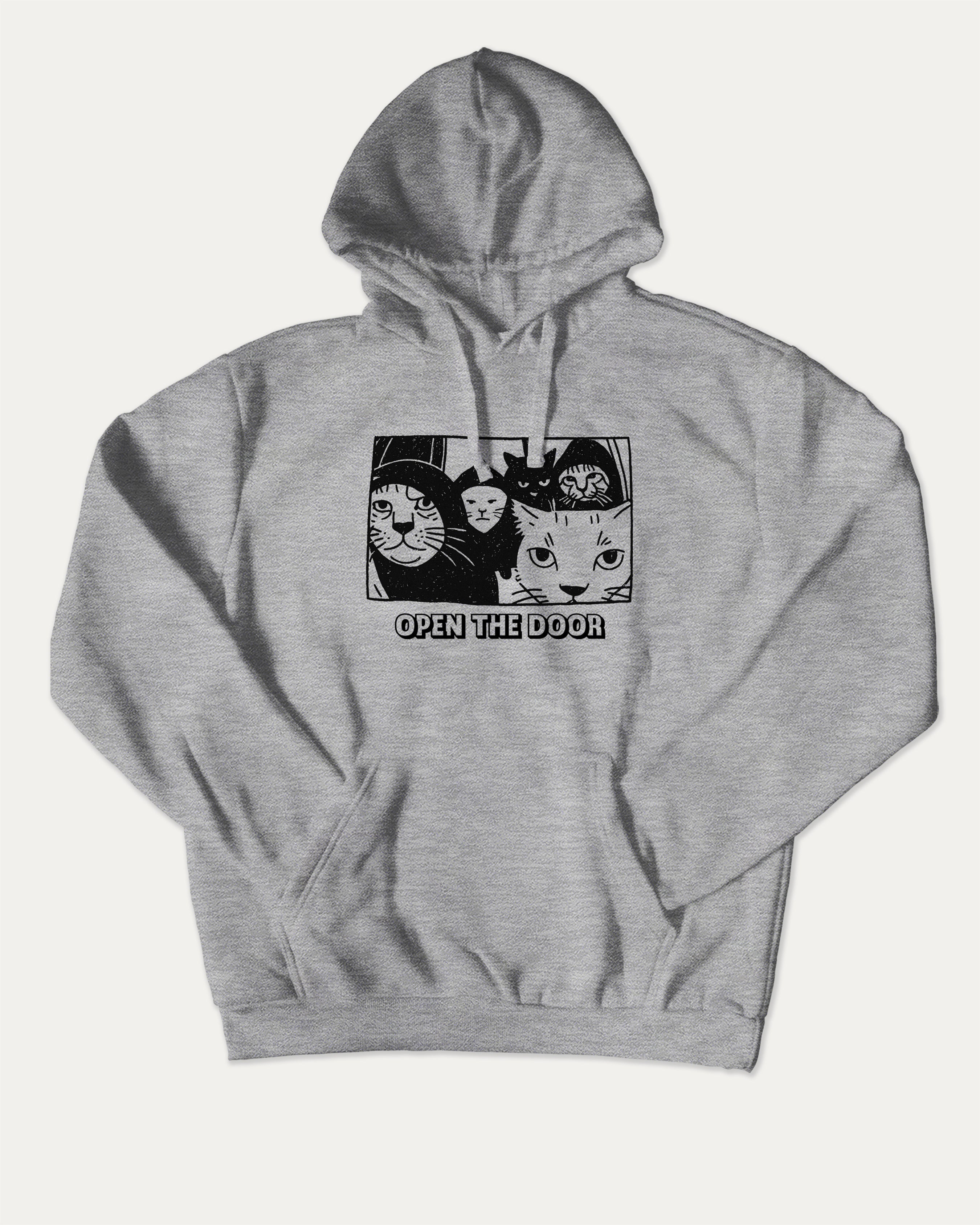 Open The Door Cat Gang graphic hoodie with funny and trendy artwork, casual streetwear with bold personality. Great for adults and gifting. Heather Grey hoodie.