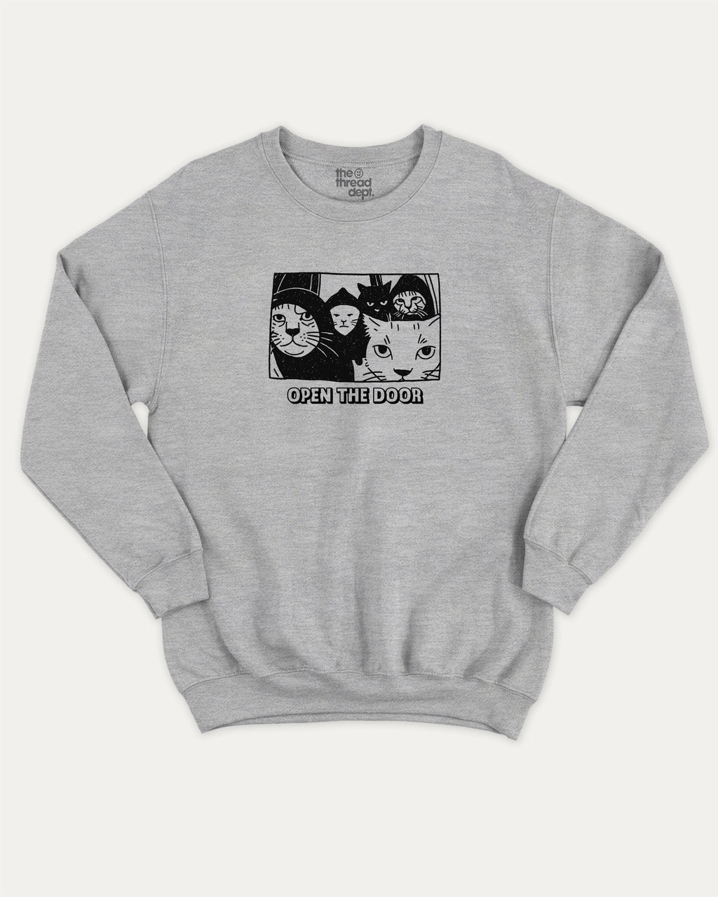 Open The Door Cat Gang graphic sweatshirt with bold and humorous print, Perfect Gift for Cat Lovers, Animal Graphic T shirt, Cat Graphic T shirt, warm and cozy graphic for everyday wear. Perfect for adults and gift-giving. Heather Grey pullover.