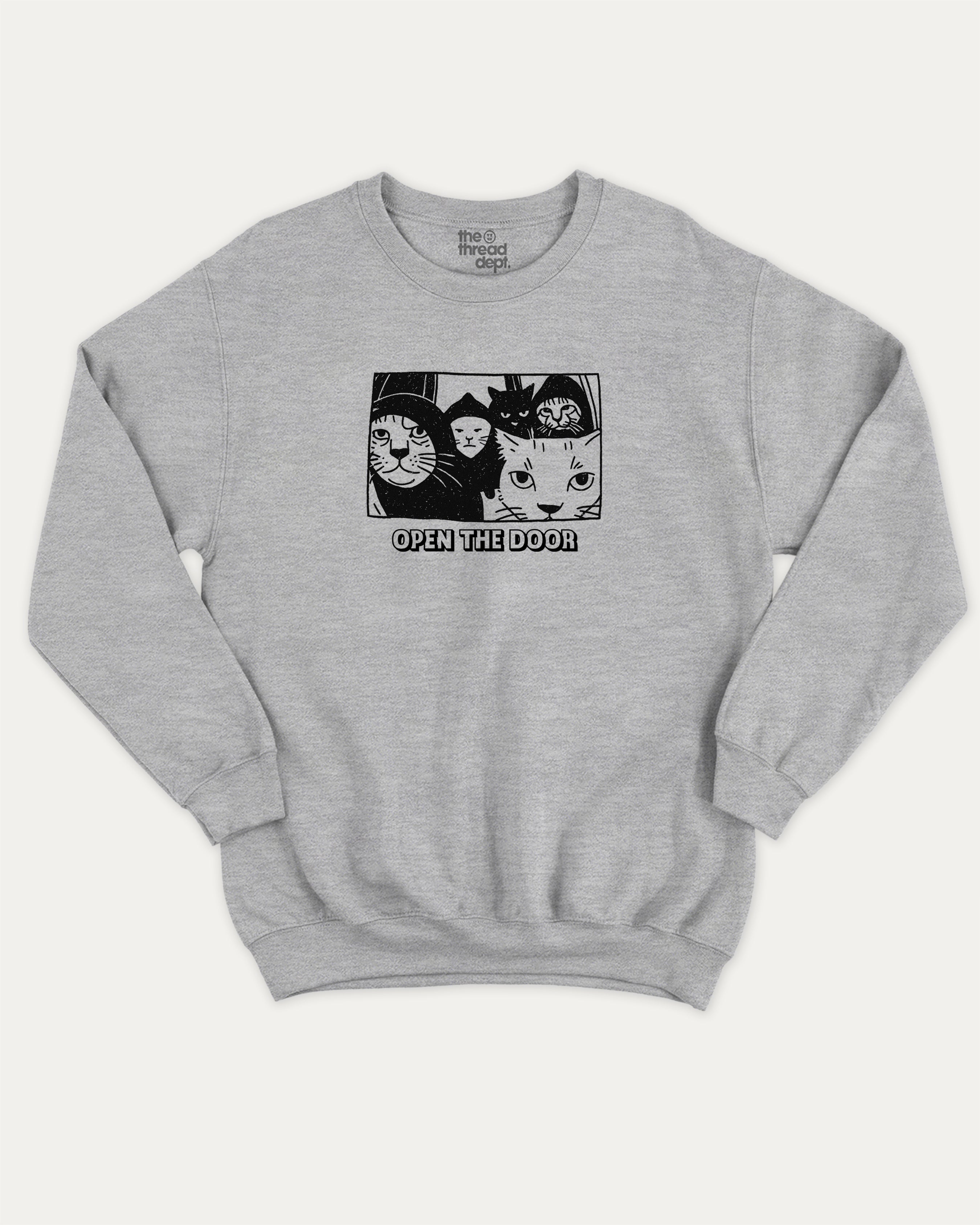 Open The Door Cat Gang graphic sweatshirt with bold and humorous print, Perfect Gift for Cat Lovers, Animal Graphic T shirt, Cat Graphic T shirt, warm and cozy graphic for everyday wear. Perfect for adults and gift-giving. Heather Grey pullover.