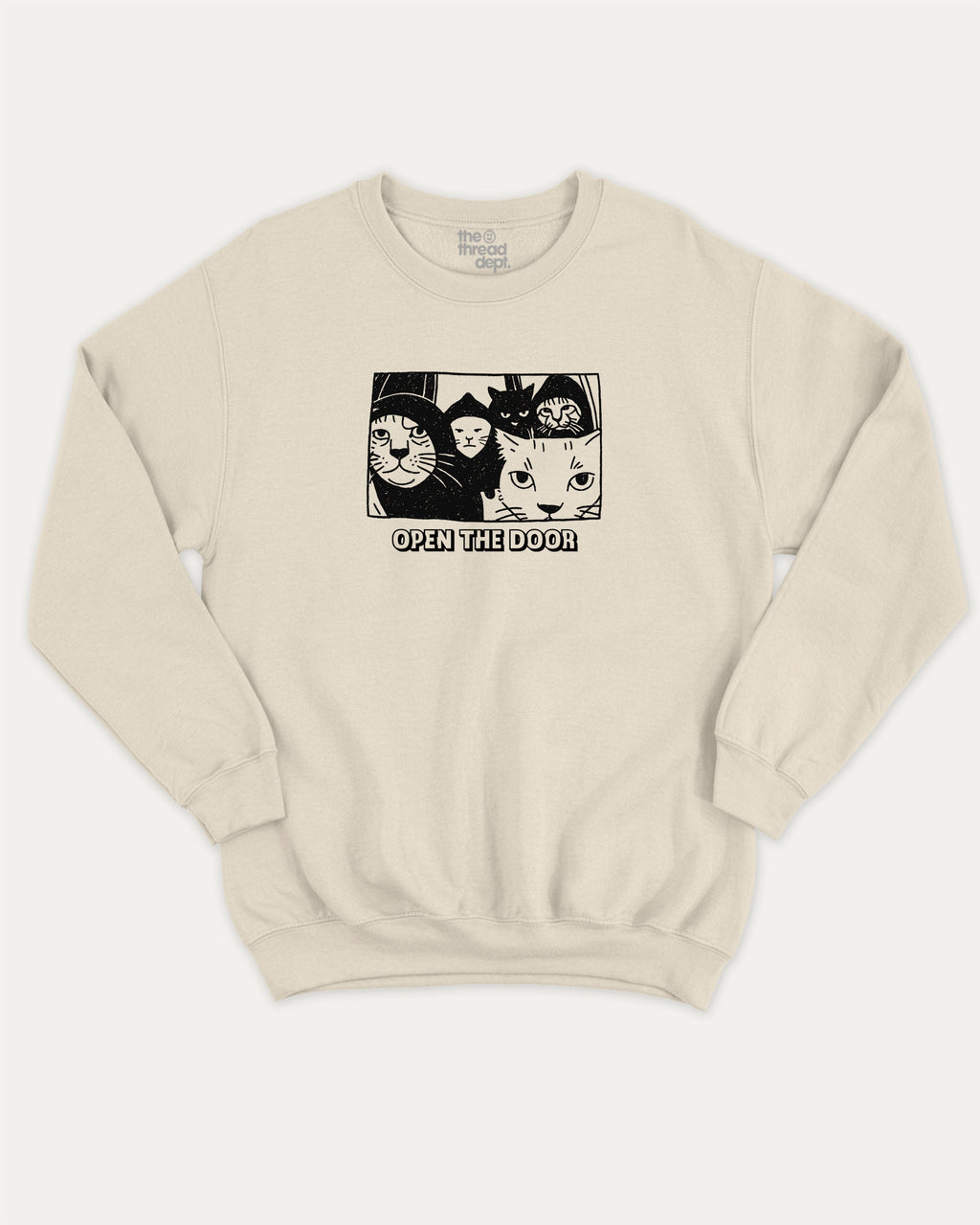 Open The Door Cat Gang graphic sweatshirt with bold and humorous print, Perfect Gift for Cat Lovers, Animal Graphic T shirt, Cat Graphic T shirt, warm and cozy graphic for everyday wear. Perfect for adults and gift-giving. Natural pullover.