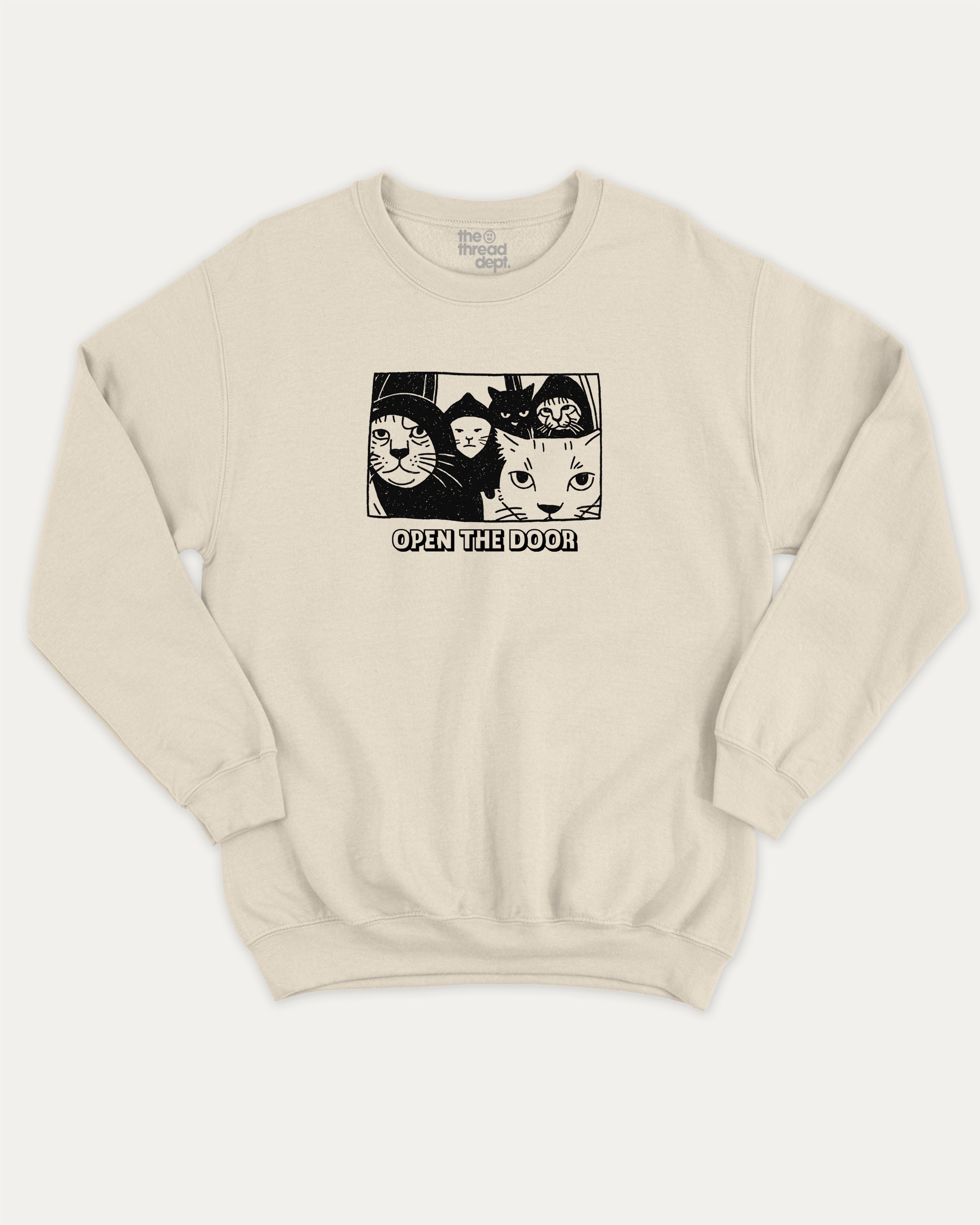 Open The Door Cat Gang graphic sweatshirt with bold and humorous print, Perfect Gift for Cat Lovers, Animal Graphic T shirt, Cat Graphic T shirt, warm and cozy graphic for everyday wear. Perfect for adults and gift-giving. Natural pullover.