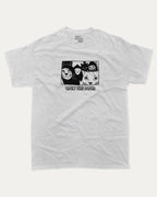 Open The Door Cat Gang graphic tee with bold and humorous print, Perfect Gift for Cat Lovers, Animal Graphic T shirt, Cat Graphic T shirt, funny and trendy graphic. Perfect for adults and gift-giving. Ash Grey shirt.