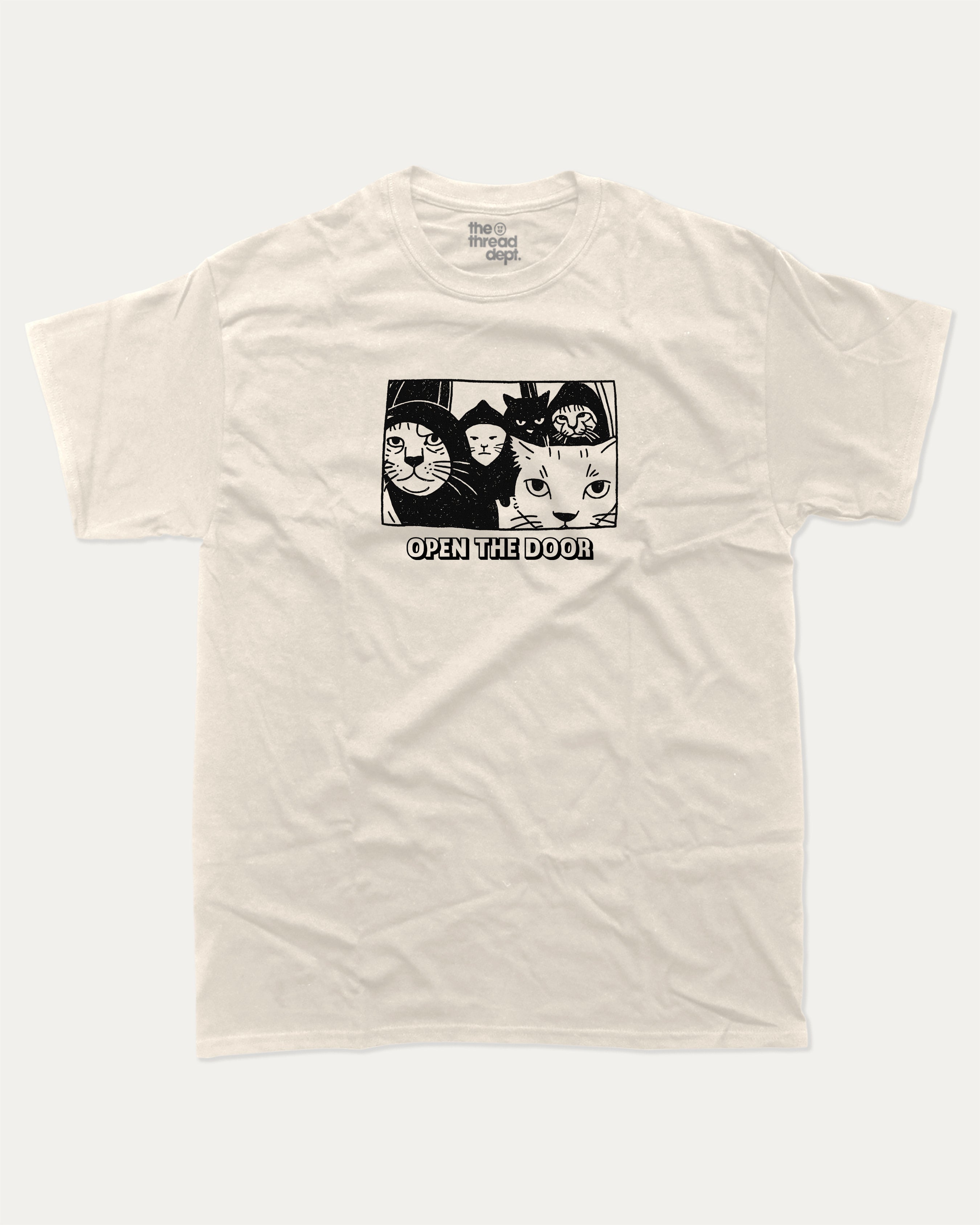 Open The Door Cat Gang graphic tee with bold and humorous print, Perfect Gift for Cat Lovers, Animal Graphic T shirt, Cat Graphic T shirt, funny and trendy graphic. Perfect for adults and gift-giving. Cream shirt.